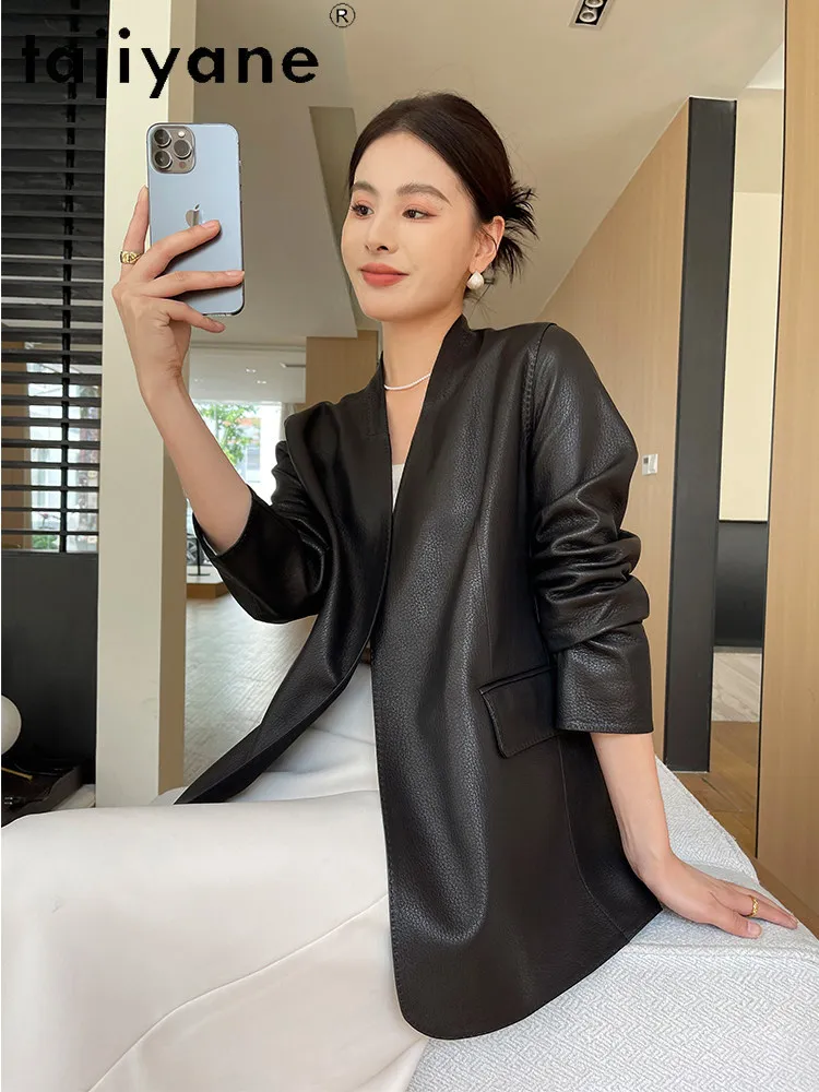 TAJIYANE Giacche in Pelle di Capra 100% Genuina, Giacca in Vera Pelle con Scollo a V, Cappotto Donna Lunghezza Media con Cintura, Abbigliamento Primavera 2026, дубленка