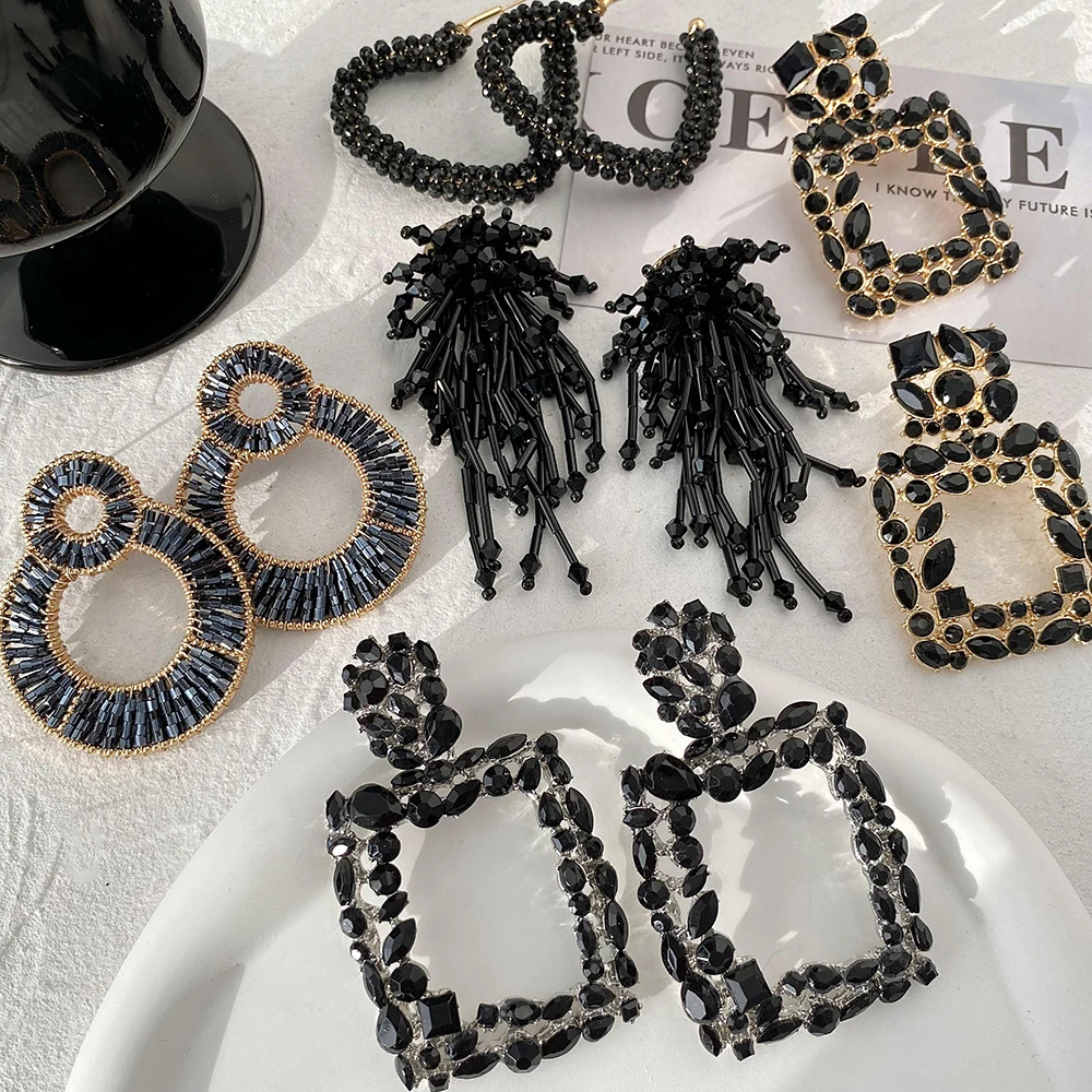 Lifefontier Vintage Black Full Rhinestone Geometric Drop Earrings For Women Exaggeration Square Heart Charms Earring Jewelry