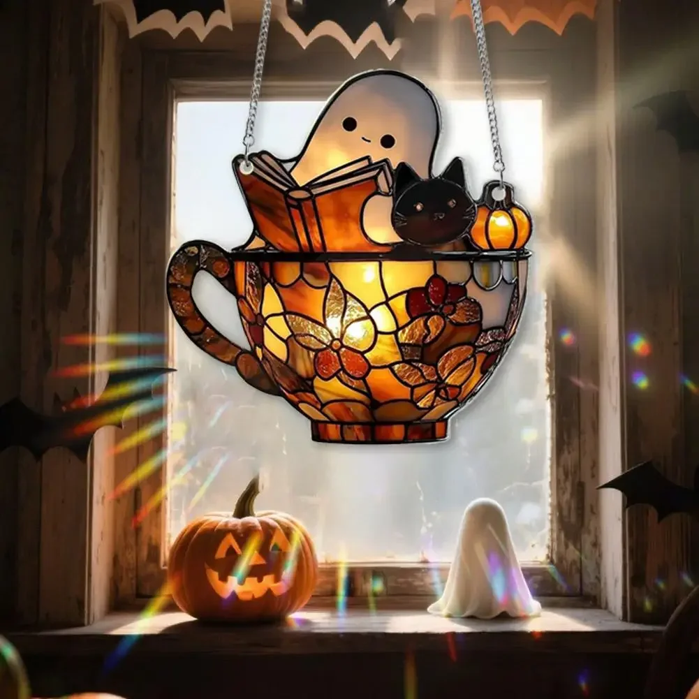 Halloween Ghost Reading Book Suncatcher Hanging Decor Acrylic Window Hanging Ornament Colorful Shadow Home Decorations