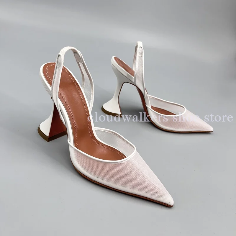 

New Concise Pointed Toe Lace Hollow Mesh Women's Cup Heels Sandals Fashion Slingback Nightclub Party Dance High Heel Sandals