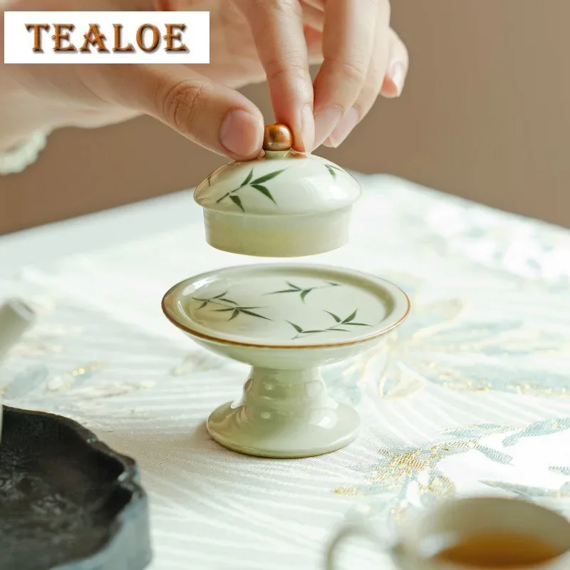 Ручная роспись зеленый бамбуковый держатель для чайника Zen с высокой ножкой, кронштейн для крышки, рамка для крышки горшка Zisha, полка для украшения чая