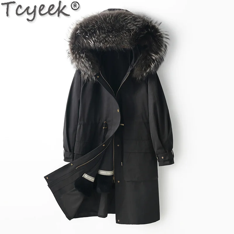 Tcyeek-Manteau en fourrure de raton laveur pour femme avec poignées, veste de doublure en fourrure de lapin Rex amovible, vêtements d'hiver chauds, Parka à col, nouveau, 2023