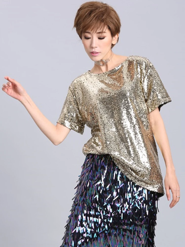 [EAM] Women Silver Color Sequin Big Size T-shirt New Round Neck Short Sleeve Fashion Loose Fit Tide Spring Summer 2024 1DF5329