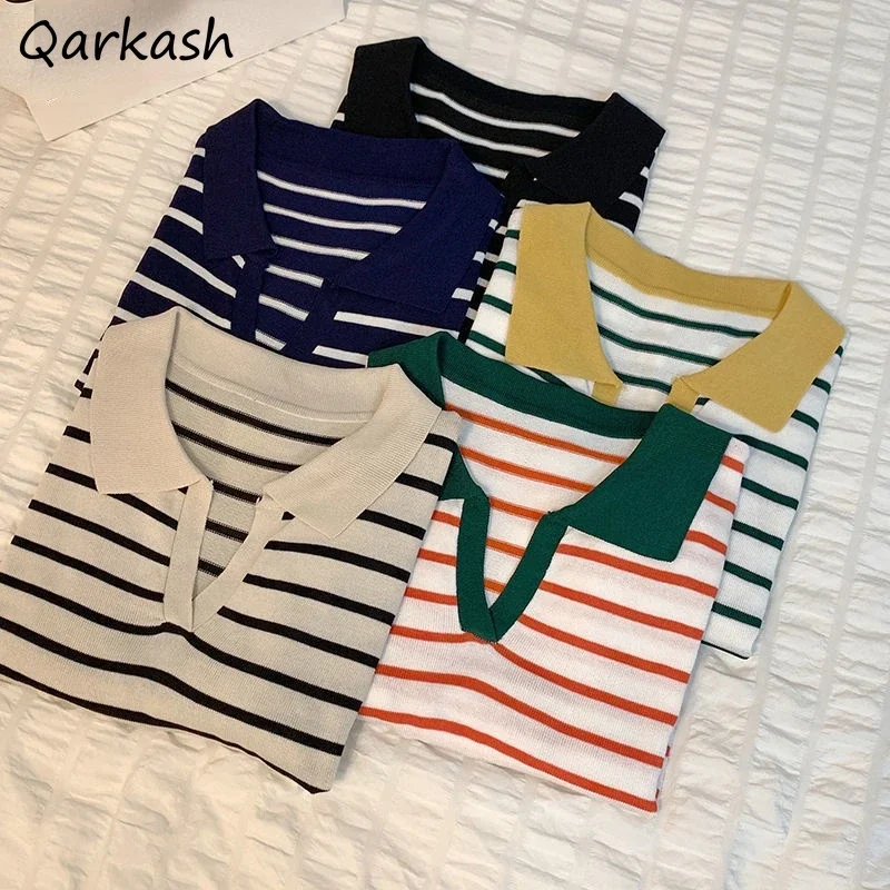 

Striped Pullovers Women Vintage Sweater Spring Leisure Turn Down Collar Elegant 5 Colors Simple Teens Holiday Tender Soft Cozy