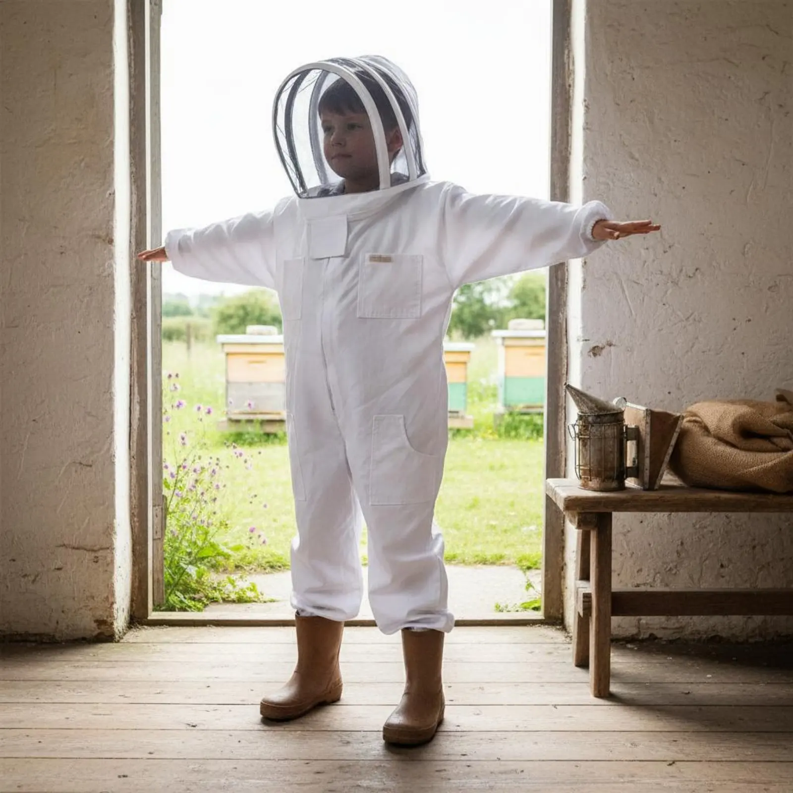 Hooded Bee Coverall Mesh Veil Kids Beekeeping Coverall Full Body Beekeeping Suit Elastic Cuffs Beekeeper Outfit for Apiary