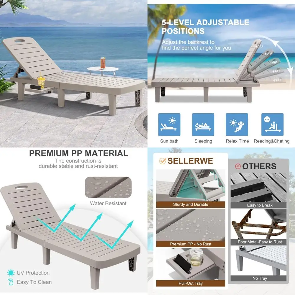 

Chaise Lounge Outdoor, Waterproof Resin Lounge Chairs for Outside w/Adjustable 5 Positions & Cup Holder Sun Lounge Chair for Pat