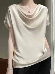 Luxury Elegant Summer Satin Silk Blouse Women Short Sleeve Casual Oversize T Shirt Korean Chic Ladies Office Cowl Neck top Tops