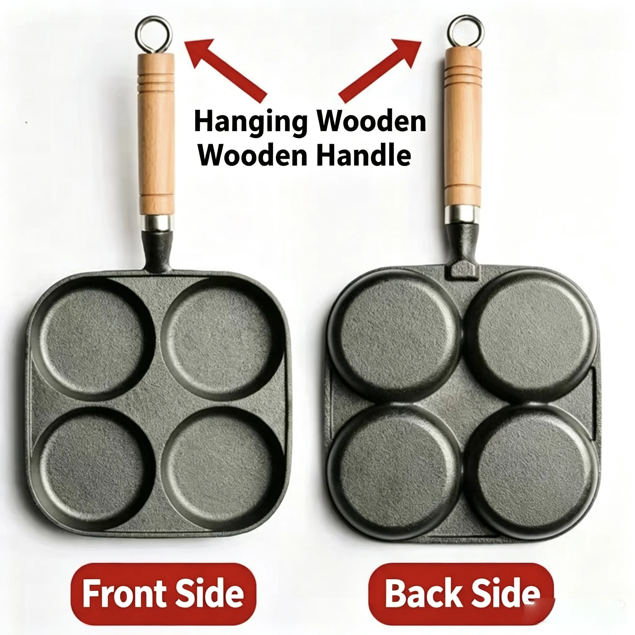 Cast Iron 4-Cavity Egg Frying Pan – Healthy Non-Stick, No Coating, for Egg Burgers/Sandwiches, Gas & Induction Stove