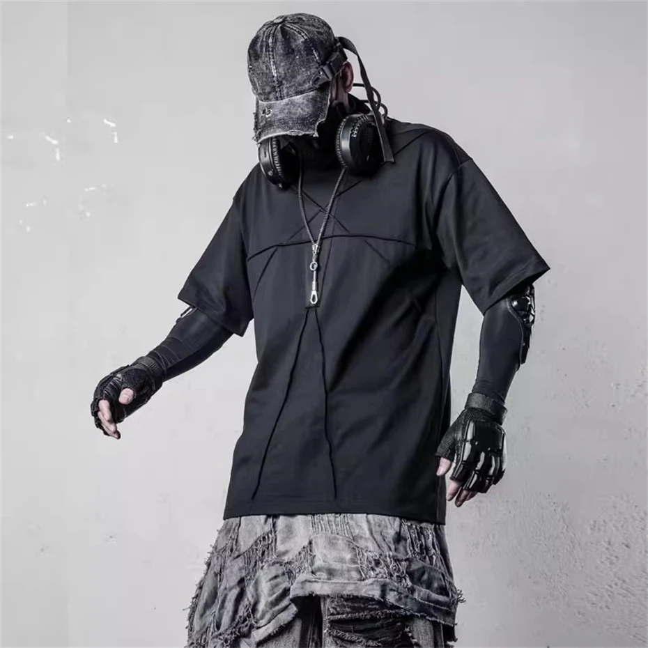 

Techwear Summer Cargo T-shirts Men Punk Hip Hop Short Sleeve TShirt Oversized Streetwear Splicing Casual Tees Tops Male