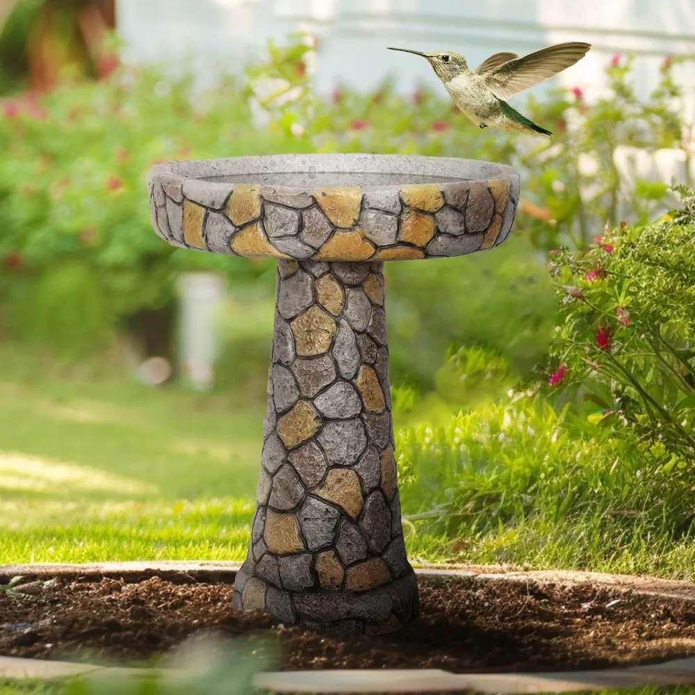 Bain d'oiseaux extérieur - Bain d'oiseaux de patio autoportant en béton avec socle pour jardin, patio, cour, pelouse-piédestal rustique en fausse pierre