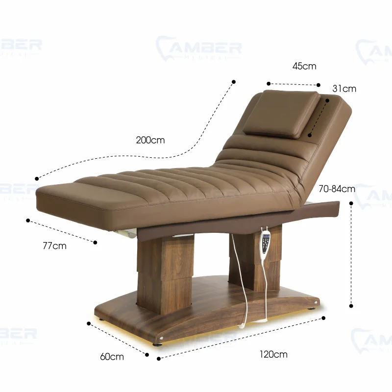 أثاث الصالون، سرير تدليك كهربائي قابل للتعديل، قاعدة خشبية بنية، سرير تجميل الوجه لصالون تجميل الوجه