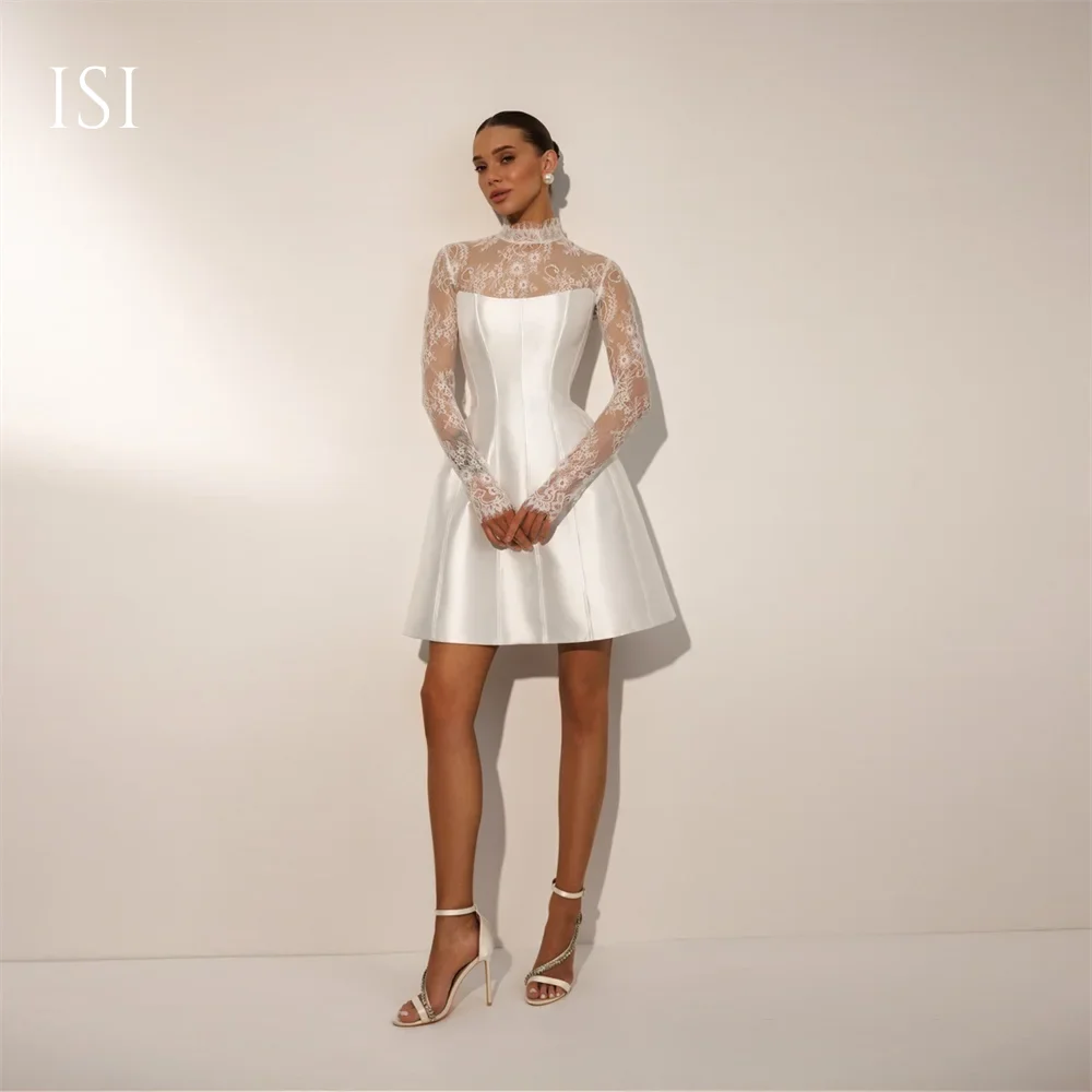 ISI New Fashion Two Pieces Short Wedding Dress Lace Satin High Neck With Buttons Party Evening Gown Customized vestido de novia