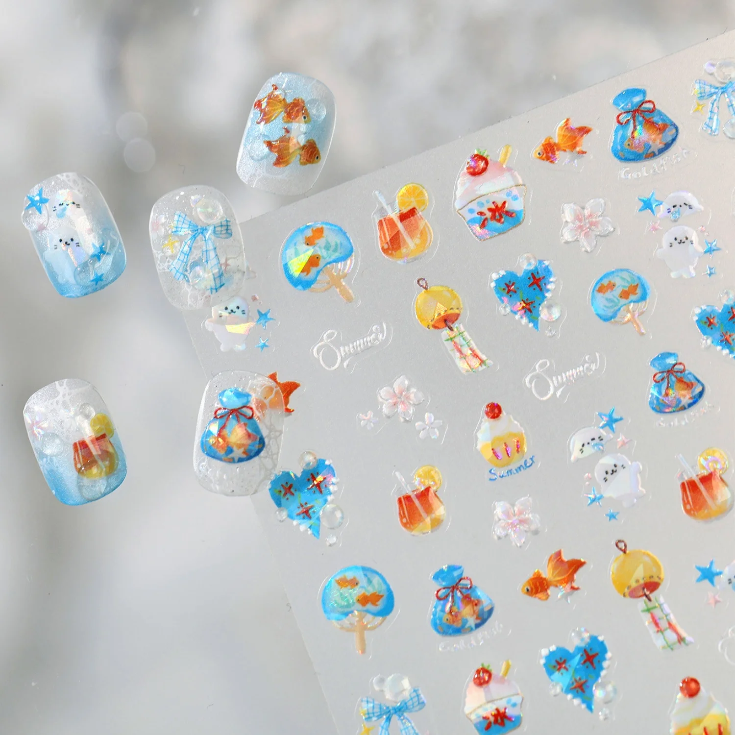 Cute Summer Seaside 5D Nail Art Stickers Goldfish Drink Fan Heart Bow Self Adhesive Embossed Nail Decals Manicure Accessories