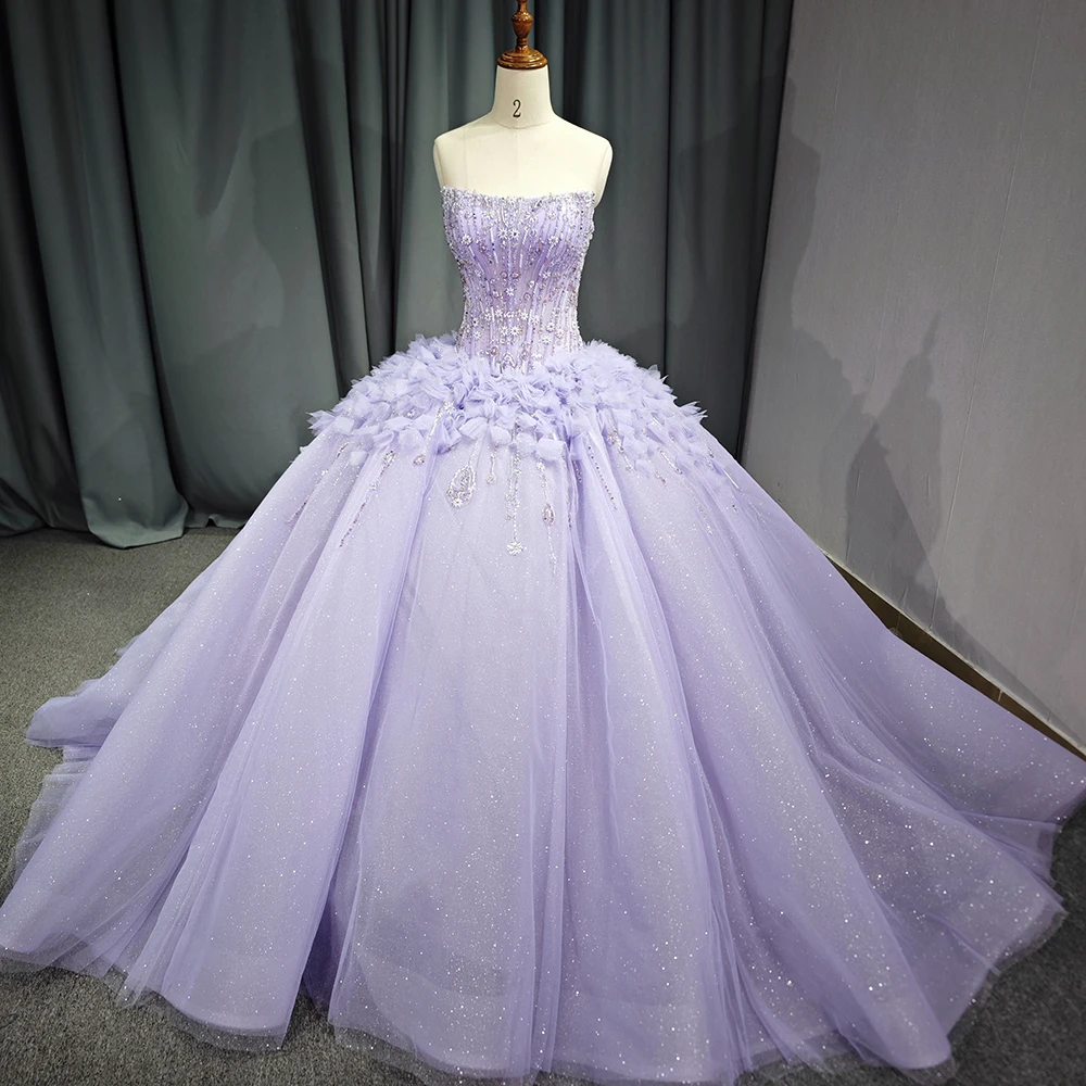 エレガントなプリンセスボールガウンキンセアニェーラドレスストラップレスパープルクリスタルカスタマイズされたビーズフリルvestidos de fiesta DY1189
