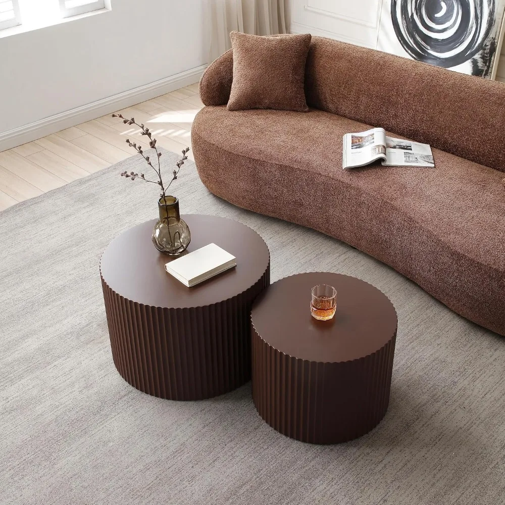 طاولات القهوة المتداخلة المعاصرة، زوج من الطاولات الجانبية الخشبية المستديرة لغرف المعيشة المدمجة - بني #4