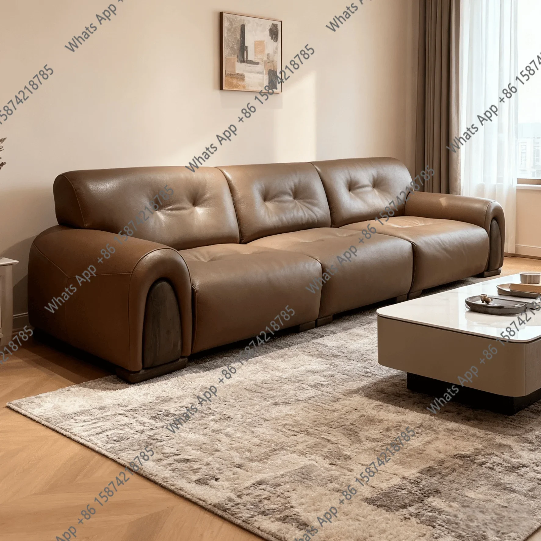 Ss Modern Simple Leather Sofa Living Room Three-person Straight Row Sofa Small Apartment First-layer Cowhide Sofa