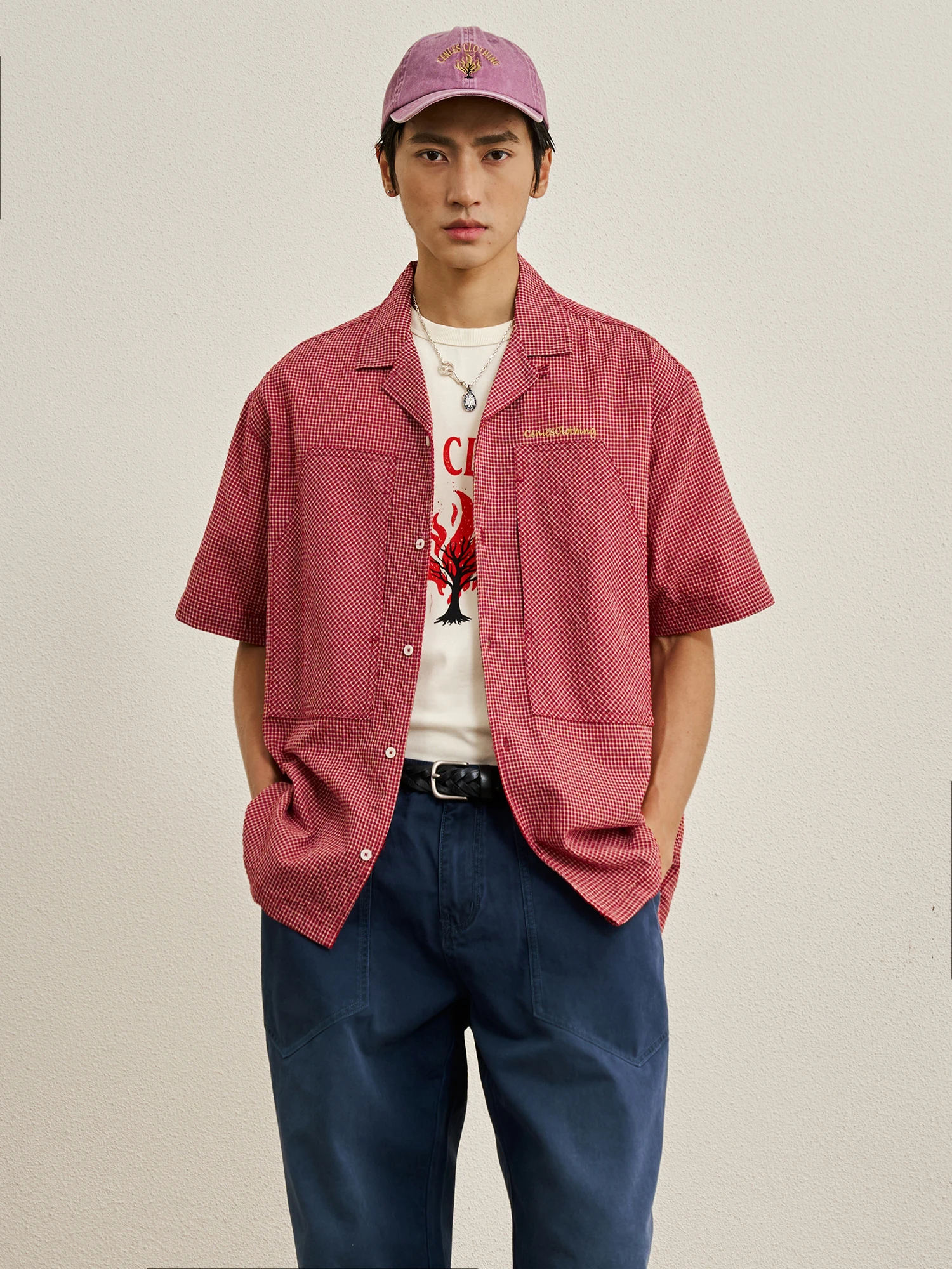 CENLES SS26 Plaid Bubble Shirt Cuban Collar Short Sleeve Turn-down Collar Pocket Design Polyester Cotton Blend Breathable Ski...