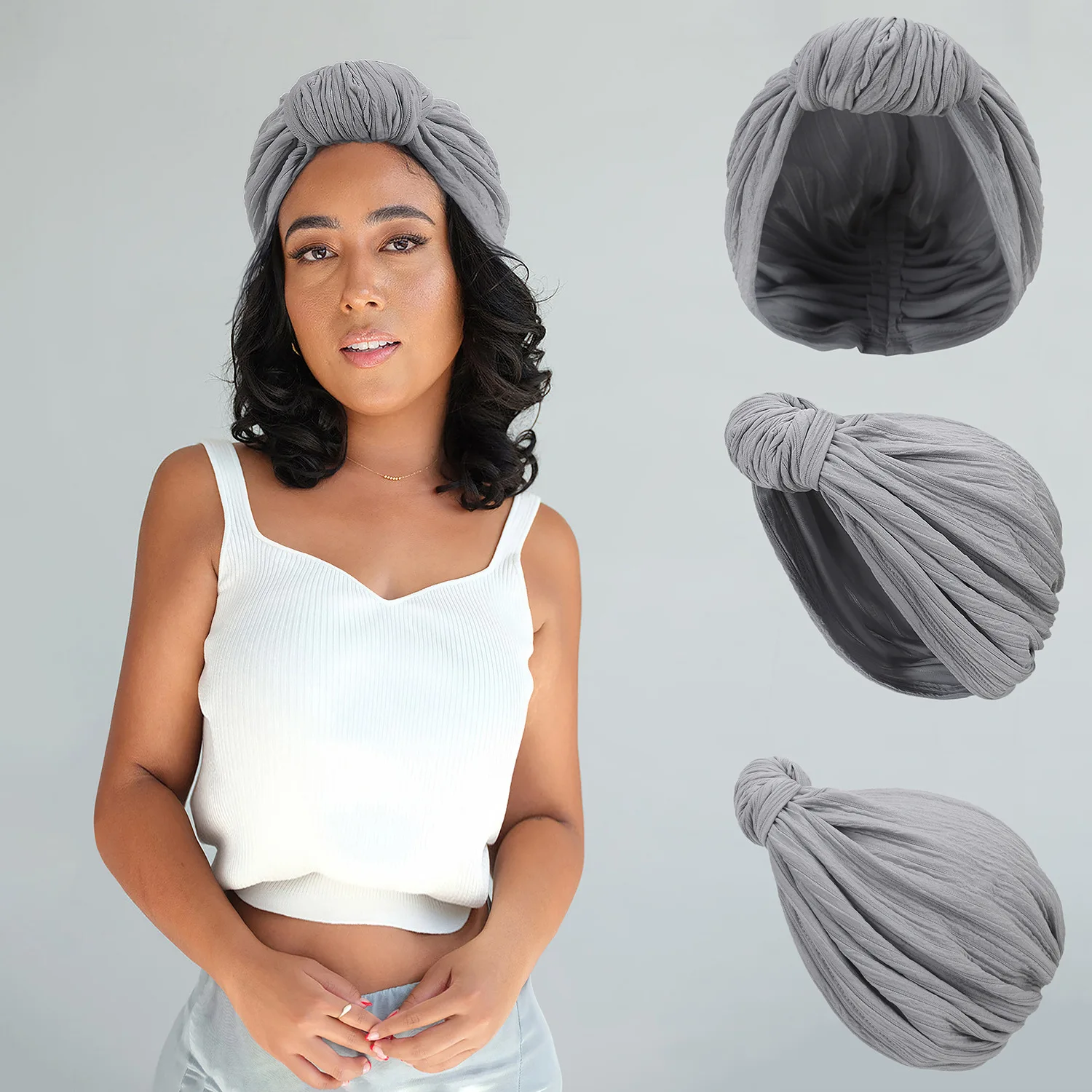 Gorros elásticos para mujer, gorro de Color sólido trenzado para la cabeza, gorros Retro, turbante con cuernos de hilo plateado, 2022