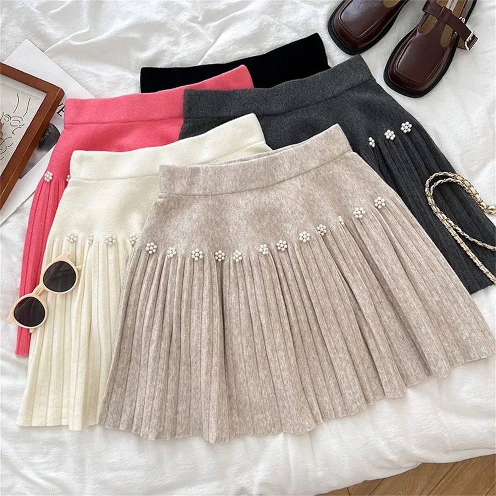Autumn Winter Solid Color A Line Pleated Mini Skirt with Beading High Waist Knitted Skirt for Women Sexy Short Skirt