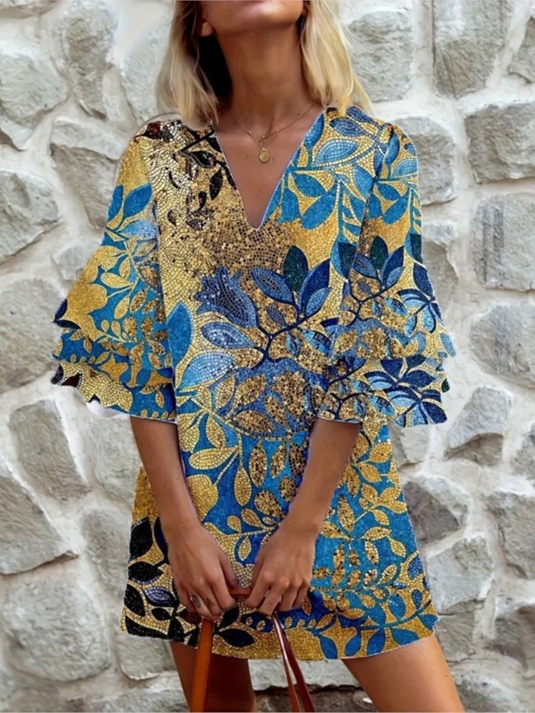 Abito ampio con stampa di moda per donna Casual scollo a V con volant Pullover Mini abiti Lady Boho Gonna da vacanza Abbigliamento da donna Estate