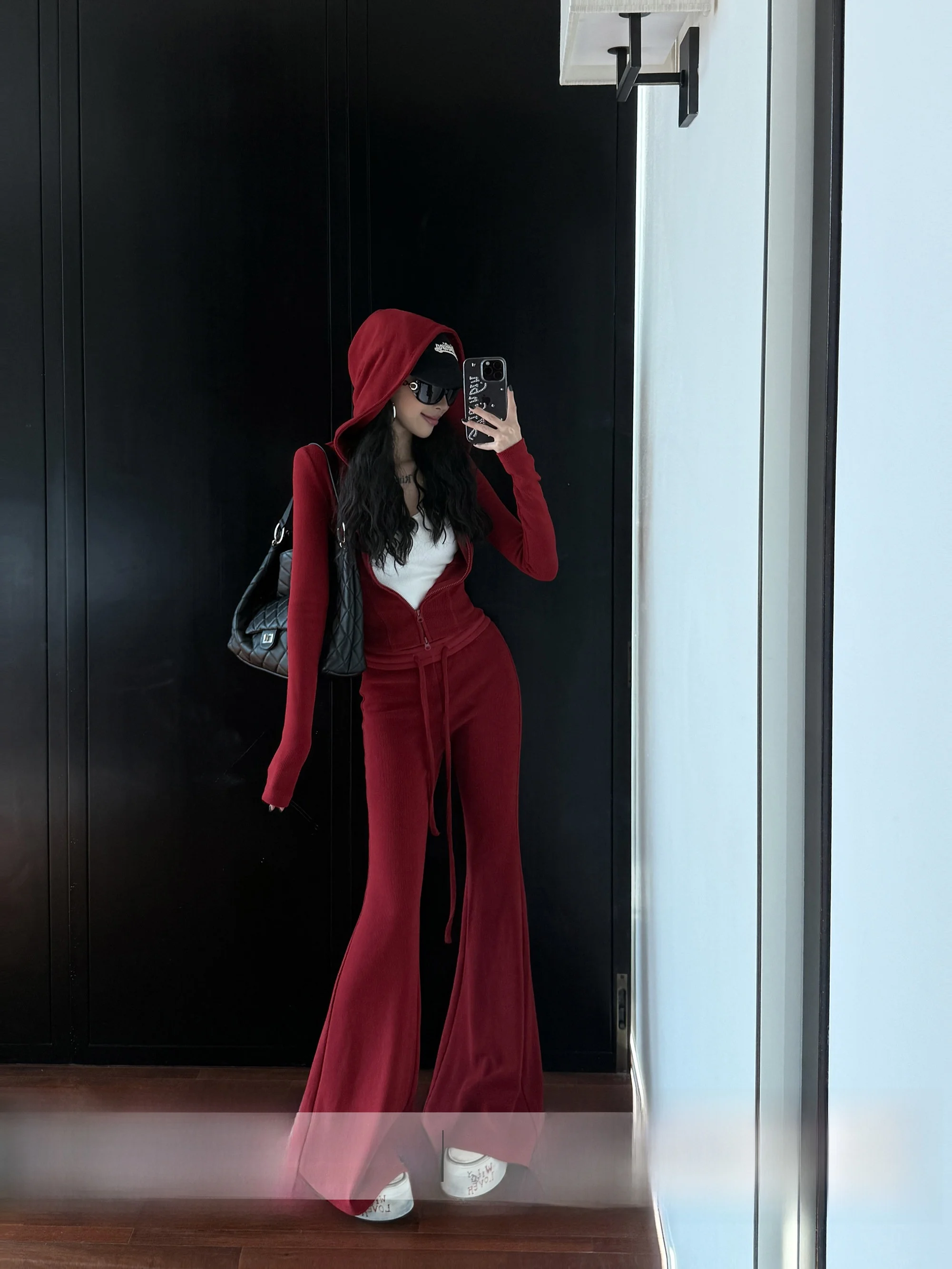 

Wild Zero High Waist Flared Pants Hoodie Set Women's Casual Sle Red Hot Girl Outfit Polyester Fiber Long Sve Spring Wear