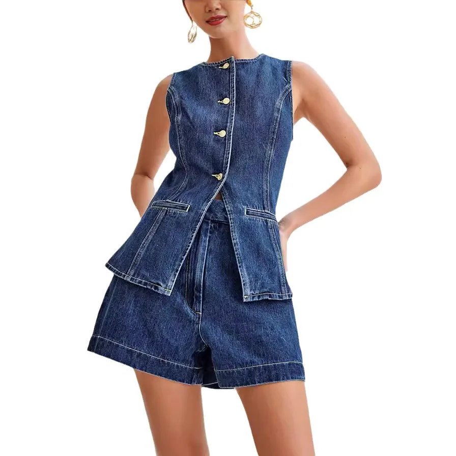 Women Clothes Set Sleeveless Slit O Neck Top High Waist Wide Short Suit Fashion Casual Denim Shorts Pants Office Lady  2024