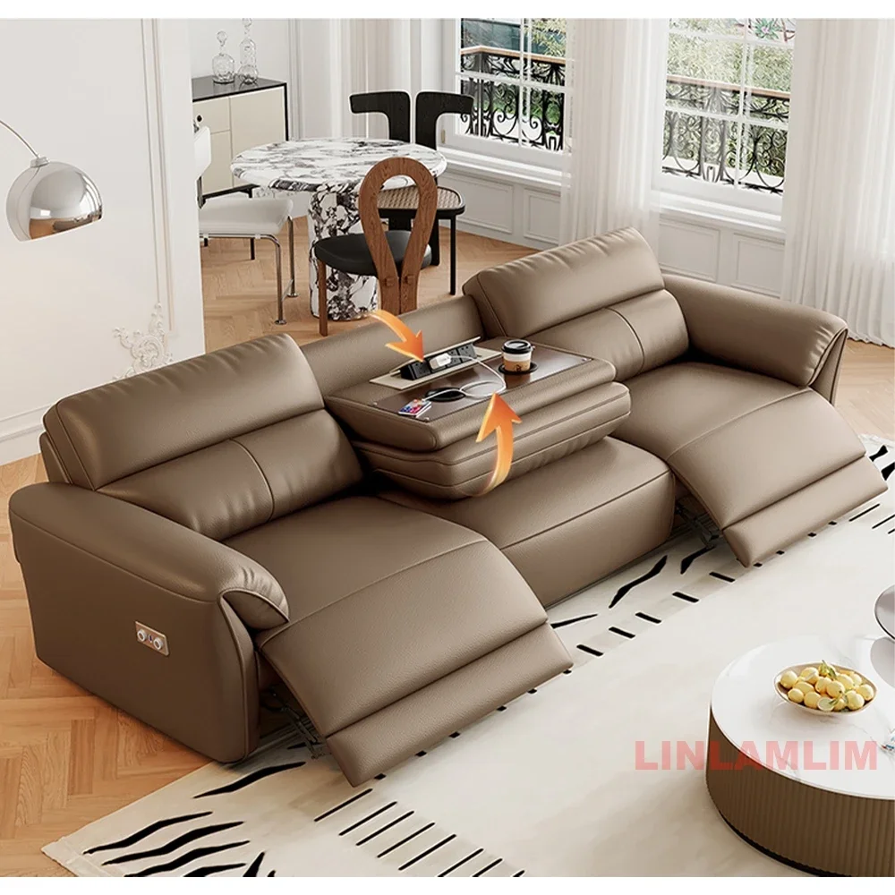 أريكة كرسي حديثة من MINGDIBAO مع طاولة صينية مخفية قابلة للطي ومنفذ USB - أريكة مقسمة من الجلد الطبيعي الإيطالي لغرفة المعيشة #2