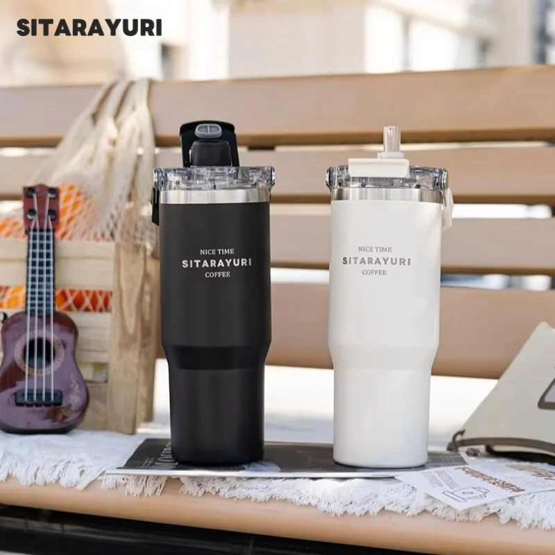 SITARAYURI 600/900ML Thermos Cup with Magnetic Suction Straw Cap 304 Stainless Steel Portable Sport Insulated Mug Summer Ice Cup
