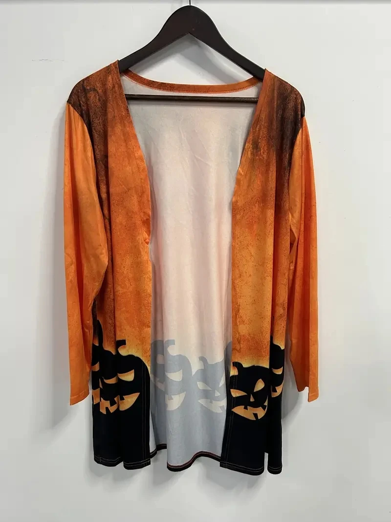 Plus Size Halloween Casual Coat, Women's Plus Pumpkin Print Long Sleeve Open Front CardiganNyfairy