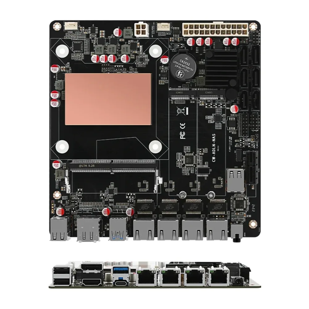 ITX N150 NAS Motherboard, Alder Lake Platform, DDR5 8-32G 4800-5600MHz, 4 I226 LAN, 2 M.2 Slots, 6 SATA, DP Port