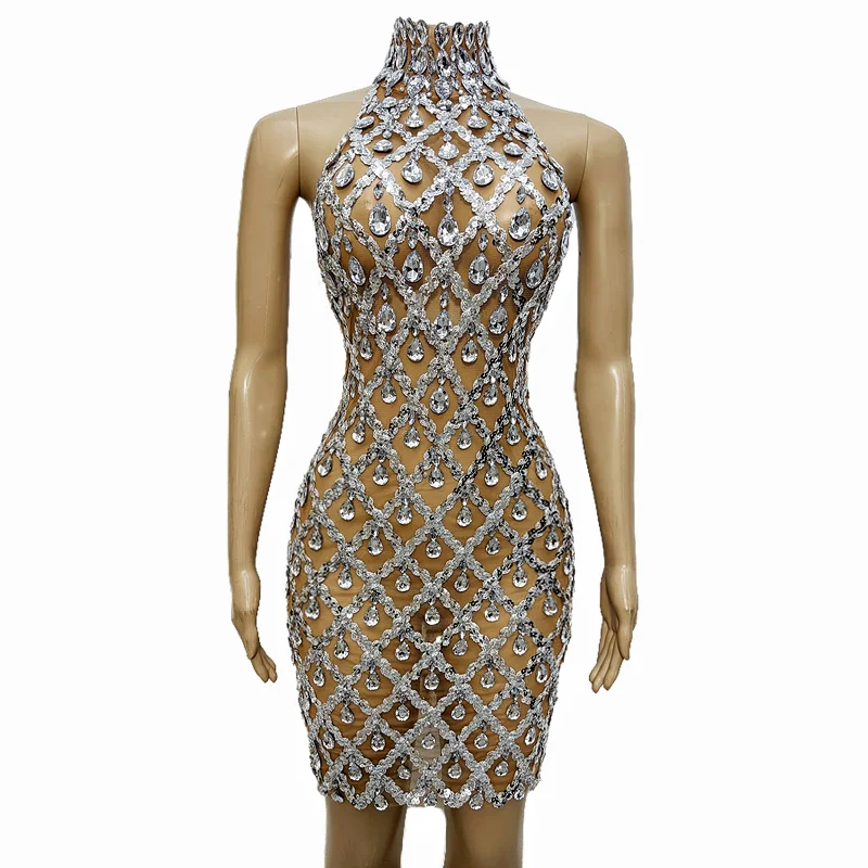 Bling Silver Sequins Rhinestones Backless Birthday Sexy Transparent Dress Evening Celebrate Outfit Singer Collection