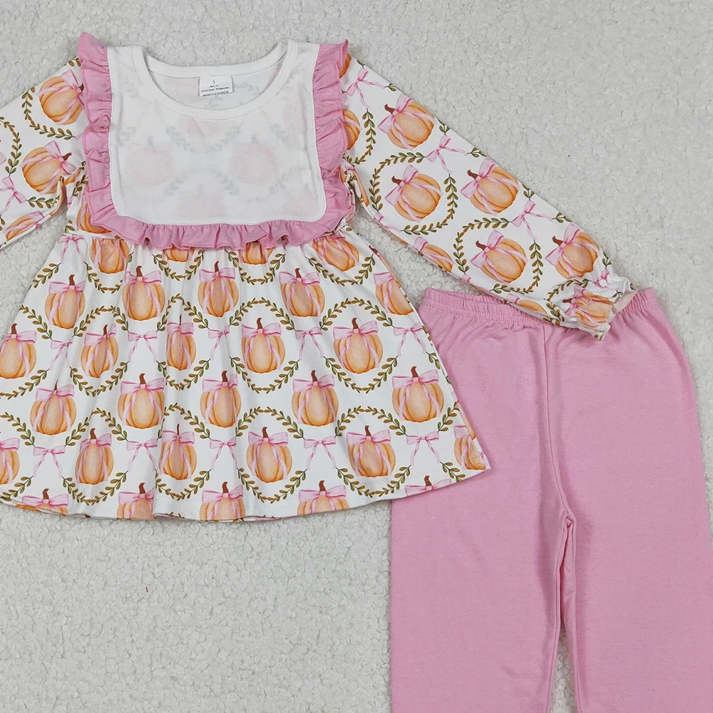 Baby Girls Plaid Tunic And Flame Pants Set with Ruffle Bow Pumpkin Design Pink Fall Clothing Outfit for Infants