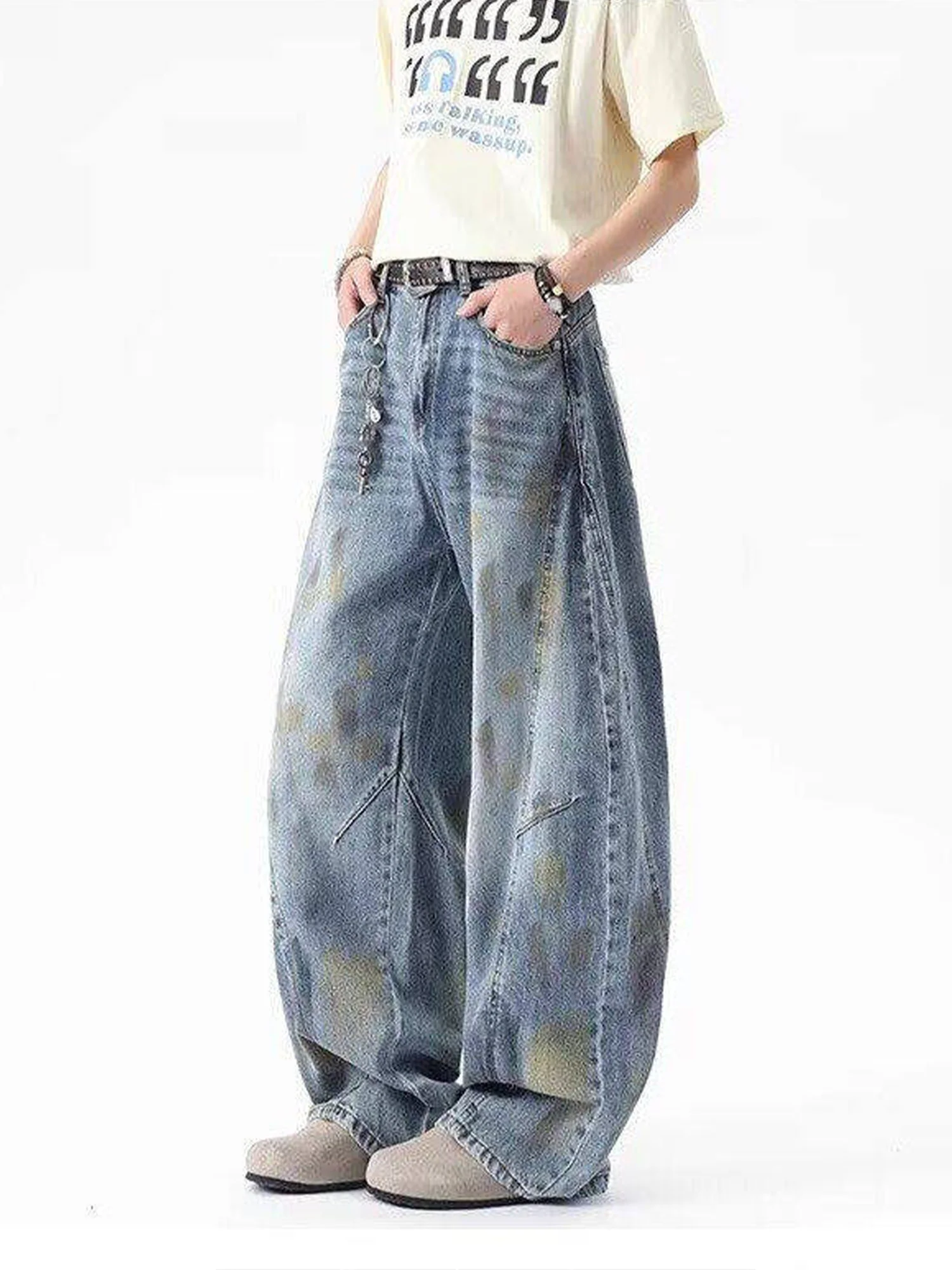 

Мужские джинсы Doodle Knife в американском ретро-стиле, выцветшие, свободного кроя, прямые, широкие, слегка расклешенные, летние