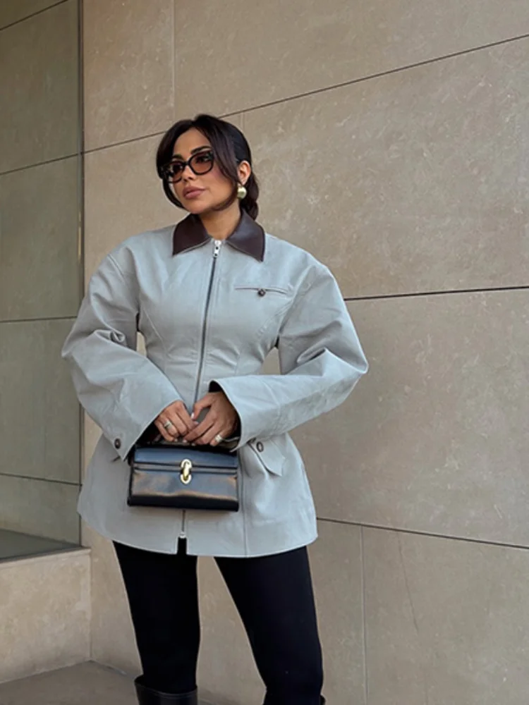 

Women's Light Slim High Waisted Coat Lapel Collar Long Sleeved Zipper Street Jacket Female New Clothes Commute Daily Clothing