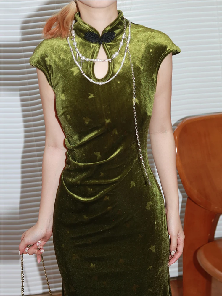 

Новая китайская бархатная юбка-миди с воротником-каплей и эффектом утяжки на талии, летняя, в стиле бодикон.