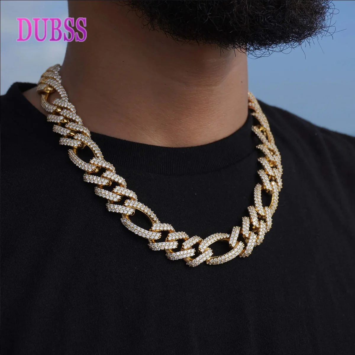 

DUBSS Figaro Cuban Link Chain Men Necklace Real Gold Plated Hip Hop Zircon Real Copper Rock Fashion Jewelry