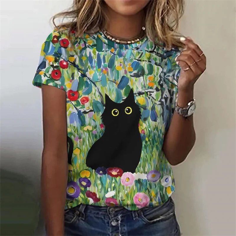 Funny Flower Cat Pattern T-Shirt For Women Plant Animal 3D Printed T Shirts Summer Fashion Street Tees Short Sleeves O-Neck Tops