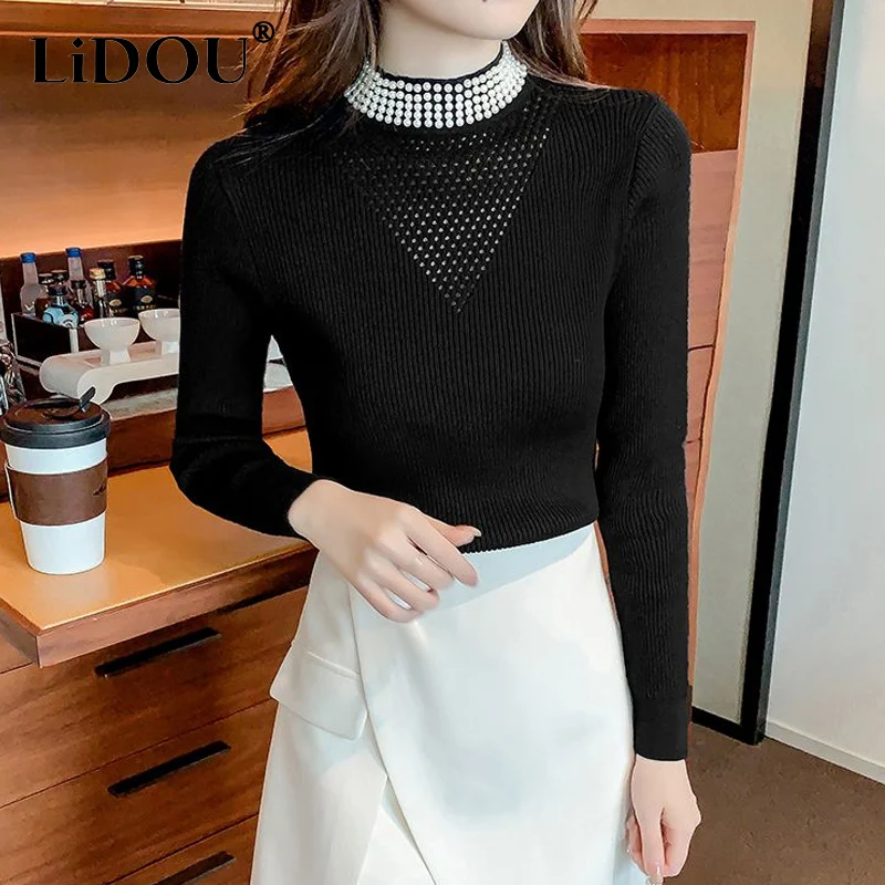 2023 Autumn Winter New Solid Color Half High Collar Long Sleeve Sweater Women Hollow Out Embroidered Flares All-match Pullovers