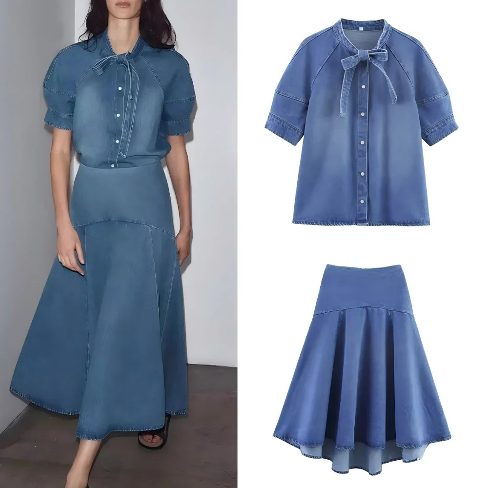 

2025 Women's new fashion bow decoration casual denim shirt retro short sleeved button up women's shirt chic top+Skirts suit