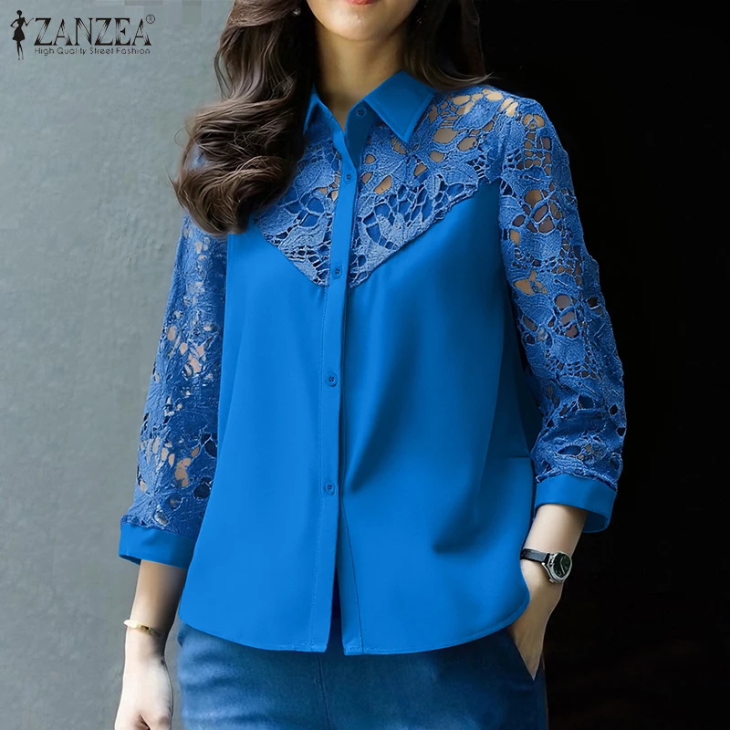 

ZANZEA Fashion Lace Shirts Women Elegant Office Lady Blouse 3/4 Sleeve Casual Solid Patchwork Streetwear Female Clothing Tops