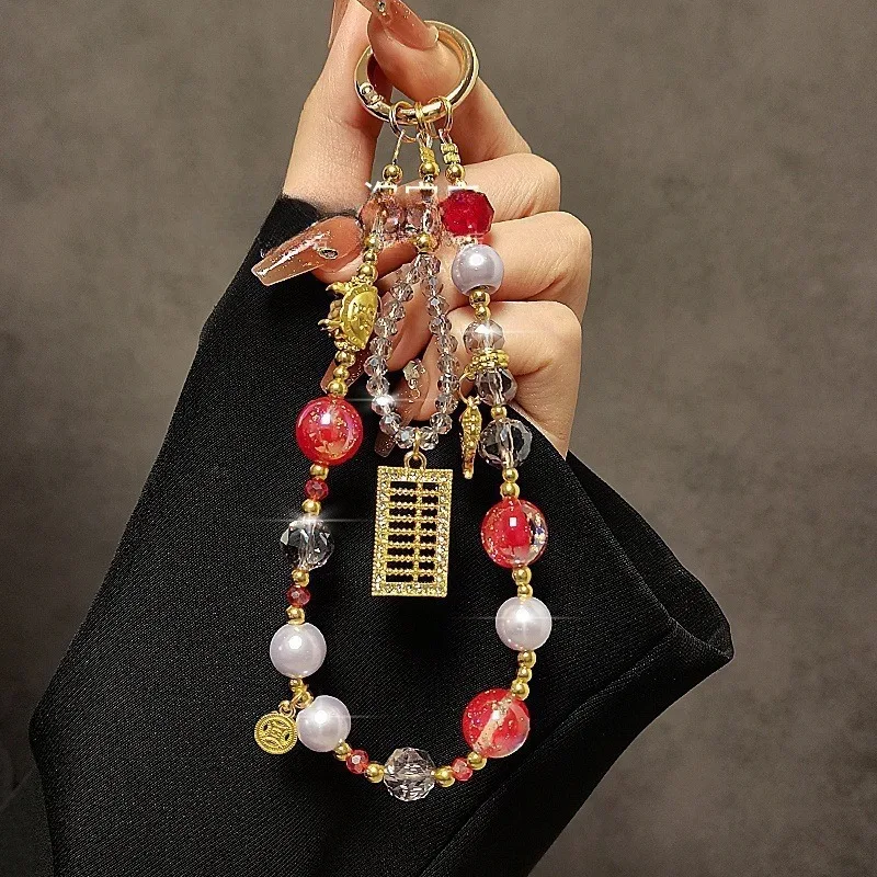 

New Chinese Style Auspicious Koi Fish Phone Lanyard with Sparkling Gold Abacus Beads and Crystal Phone Chain Short Handbag Chain