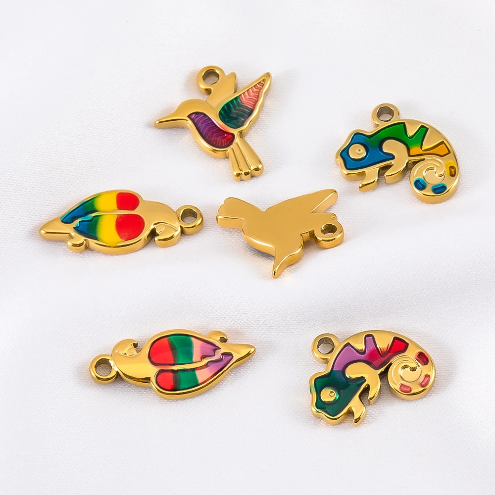2pcs Stainless Steel Parrot Chameleon Hummingbird Pendants Colorful Enamel Charms for DIY Necklace Jewelry Making Accessories