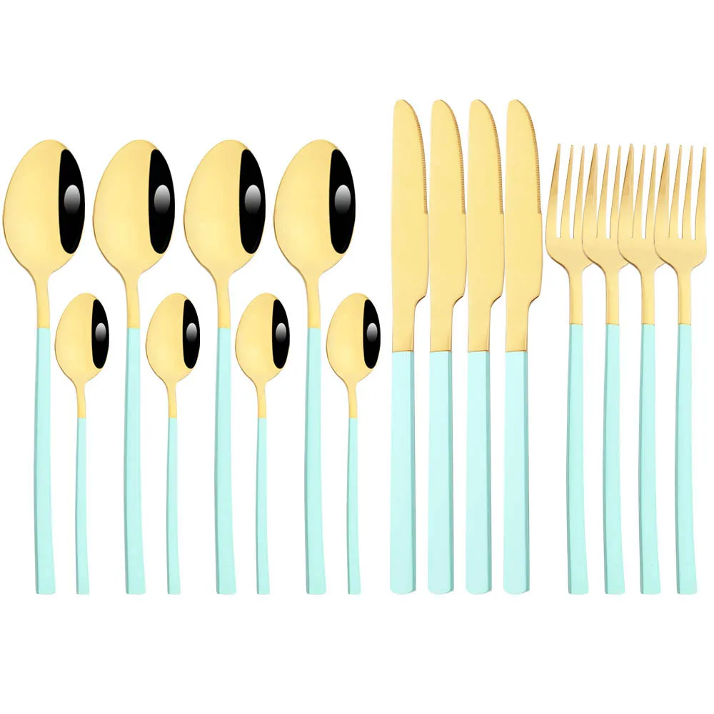 Mint Gold 16Pcs Tableware Upscale Stainless Steel Dinnerware Set Knife Fork Spoon Flatware Western Complete Cutlery Silverware