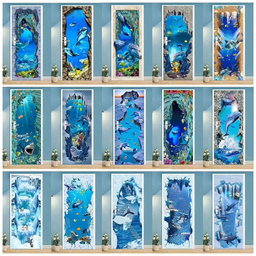 

Cartoon Sea Animals Door Mural Sticker Wallpaper Removable Ocean World 3D Dolphin Penguin Creative DIY Door Decoration Sticker