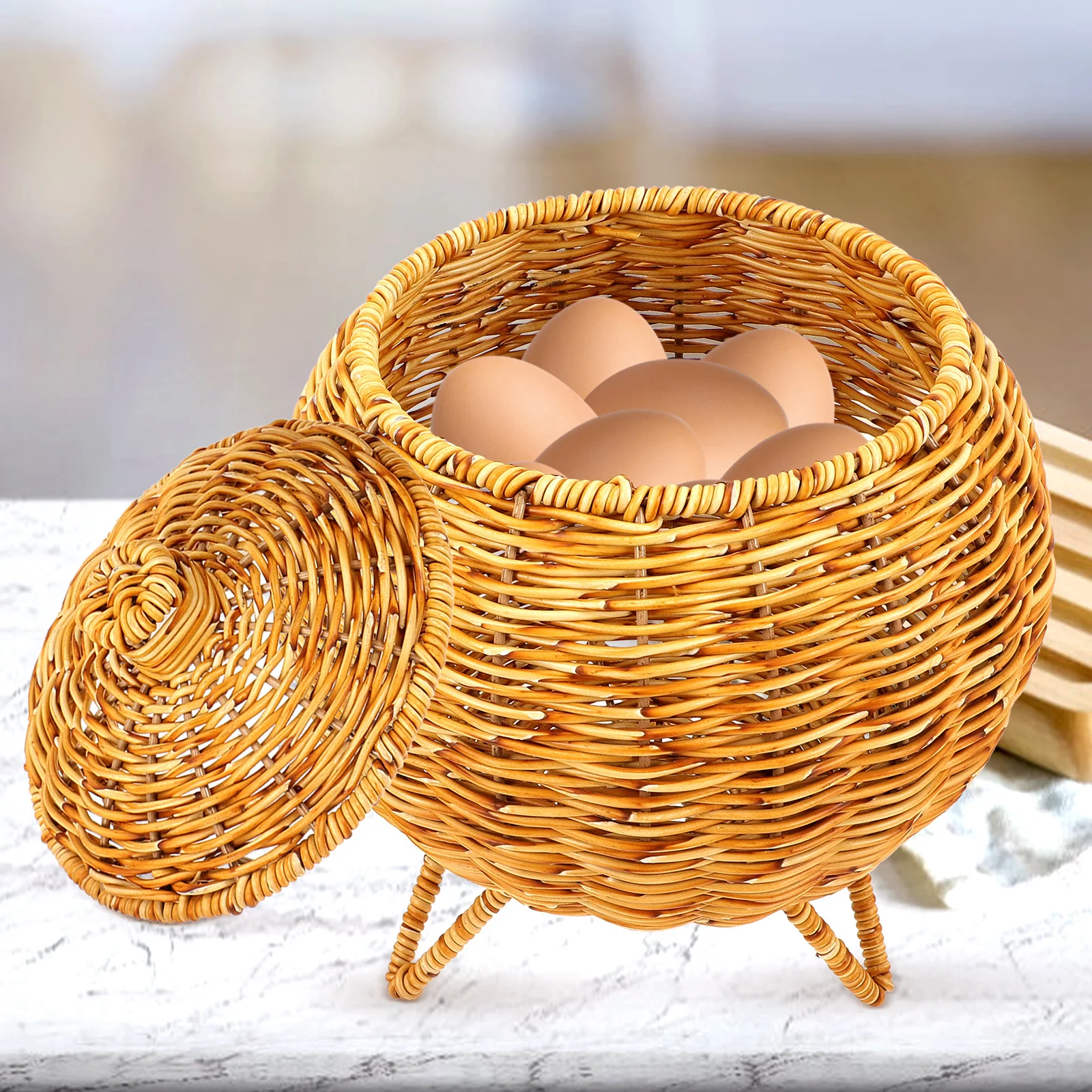 

Bamboo Storage Basket With Lid Woven Fruit Egg Holder For Kitchen Home Use Multi-Function Household Organizer Utility