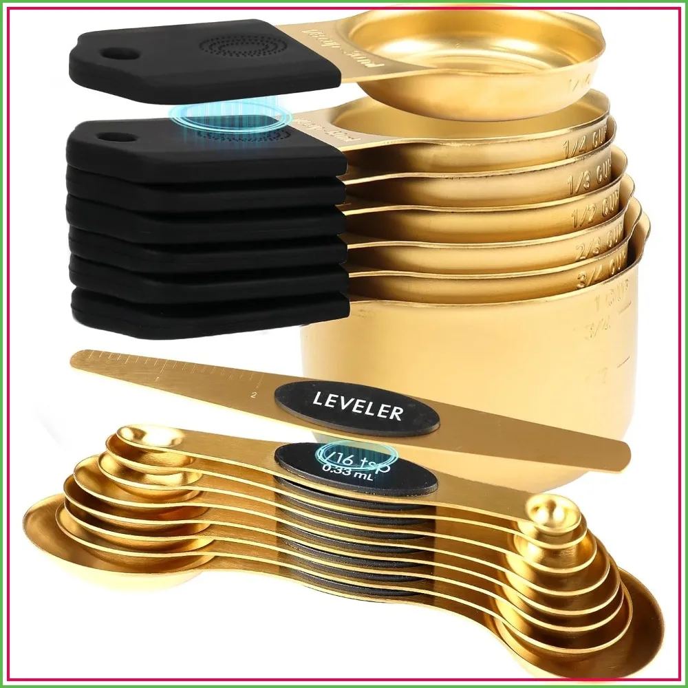 

16-Piece Stainless Steel Measuring Cups and Spoons Set, Magnetic Nesting, Double Markings for Dry & Liquid, Gold
