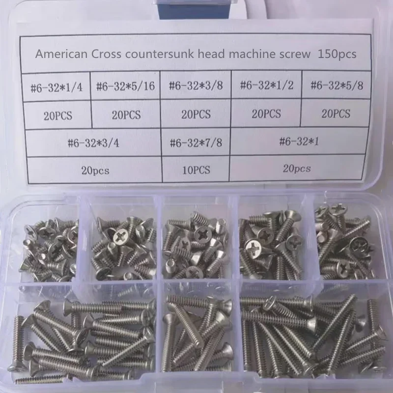 

150 шт. 6-32 304 из нержавеющей стали, американский стандарт, потайная головка, крестообразный винт с плоской головкой, крепежный винт, комплект болтов