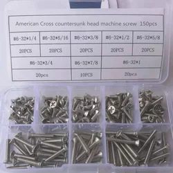 150pcs 6-32  304 Stainless steel American Standard Countersunk Head Cross Flat Head Machine Screw Fastener Screw Bolt Kit