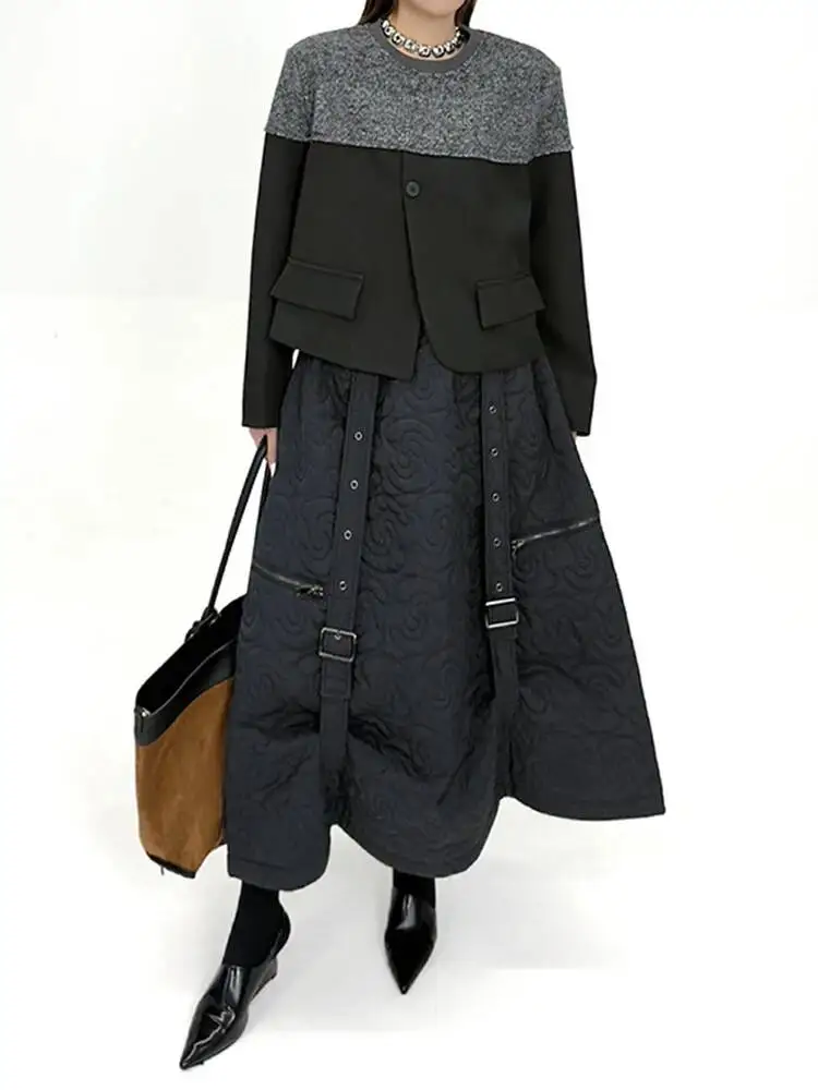 High Elastic Waist Black Buckle Ribbon Spliced A-line Half-body Skirt Women Fashion Tide New Spring Autumn