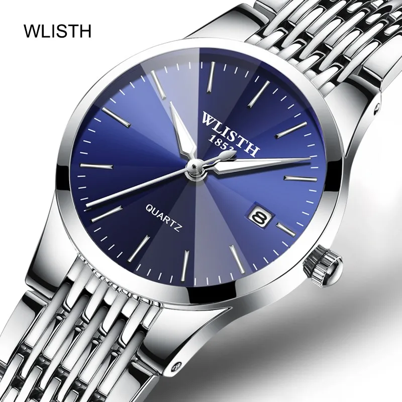 Wlisth-Reloj de pulsera analógico de acero inoxidable para hombre y mujer, cronógrafo de cuarzo, con esfera convexa, para parejas